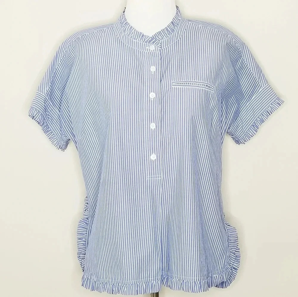 J. Crew Blue & White Pinstripe Ruffle Blouse 0